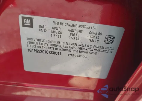 2012 Chevrolet Cruze Lt из США, поврежденный, VIN 1G1PG5SC7C7330611